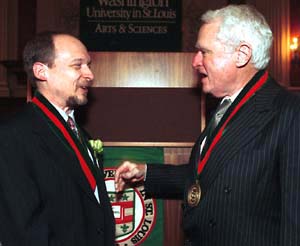 Thomas F. Eagleton (right) with Randall L. Calvert, Ph.D., at the 2003 installation of Calvert as the Thomas F. Eagleton University Professor of Public Affairs and Political Science in Arts & Sciences.