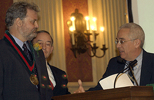 Robert E. Blankenship, Ph.D. (left), is installed as the first Lucille P. Markey Distinguished Professor in Arts & Sciences in a Holmes Lounge ceremony that included Chancellor Mark S. Wrighton (center) and Edward S. Macias, Ph.D.