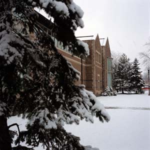 Simon Hall in the snow.