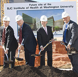 (L-R) Steven Lipstein, President and Chief Executive Officer of BJC HealthCare; Larry Shapiro, Executive Vice Chancellor for Medical Affairs and Dean of Washington University School of Medicine; Mark Wrighton, Chancellor of Washington University in St. Lo