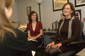 Rebecca Messbarger, Ph.D. (right), talks with seniors Elizabeth Germino (center), a biology and Italian major, and Shannon Petry, a political science and Italian major, all in Arts & Sciences.
