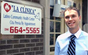 Ray Mailhot stands in front of La Clinica medical clinic in St. Louis, where he spent four years assisting patients and helping with diabetes research and education among Hispanic people.