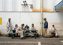 Sharon Lockhart, *Outside AB Tool Crib: Matt, Mike,Carey, Steven, John, Mel and Karl,* 2008.