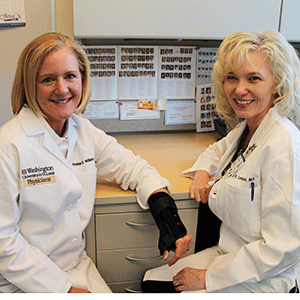 Kristine G. Williams, MD, models a removable splint alongside study co-author Janet D. Luhmann, MD. Their research found that such splints are preferred over casts by patients and their parents in the treatment of uncomplicated buckle fractures in children’s forearms. 