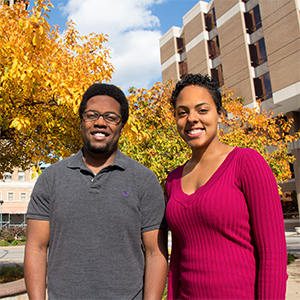 Second-year medical students Lawrence Benjamin and Lauren Martin, the School of Medicine's SNMA co-presidents, take a break from conference planning on the Washington University Medical Campus.