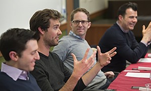 Sean Douglas (second from left) shared stories of the music industry March 27. He was joined by music executives (from far left) Matt Adler, Ben Berkman and Isaac Green
