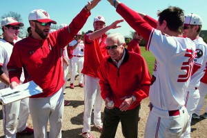 John Schael, retired athletics director, being honored at baseball game.