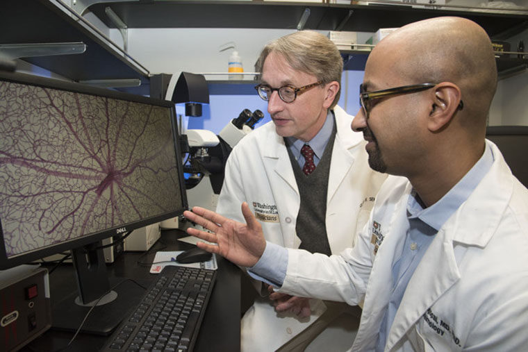 Scientists looking at a mouse retina on a computer monitor.