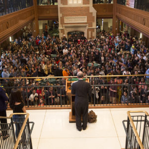 Chancellor Mark S. Wrighton announces the 2016 Commencement speaker to students during the senior class toast at Danforth University Center.