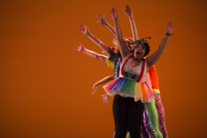 Olivia Williamson (front), dances during the Mr. WashU show at Edison March 31, 2016. Money raised from the annual competition benefits City Faces.