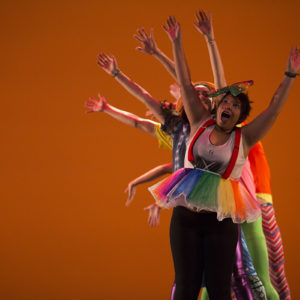 Olivia Williamson (front), dances during the Mr. WashU show at Edison March 31, 2016. Money raised from the annual competition benefits City Faces.