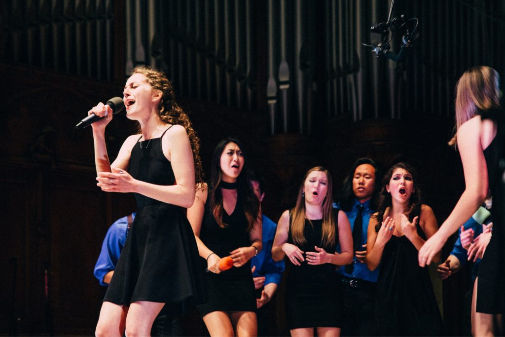 Music director Katie Greenberg performs "Elastic Heart" at the Mosaic Whispers' 25th anniversary show at Graham Chapel on April 9