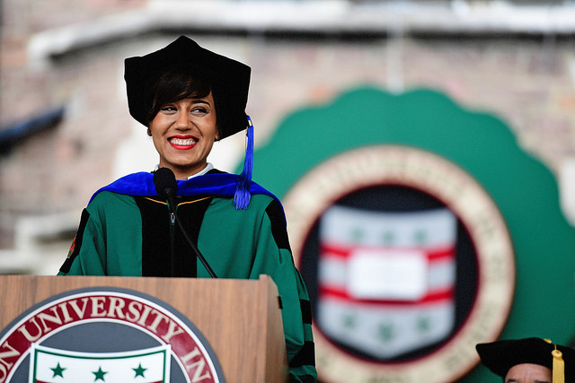 Ashley Macrander spotlighted the amazing achievements of Washington University graduate students in the first-ever graduate student address. (Photo: James Byard/Washington University)