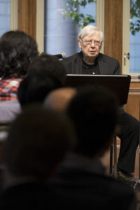 Washington University in St. Louis professor Wiliam Gass, the David May Distinguished University Professor Emeritus in the Humanities, read from his work to note his 90th birthday during "Reading: Passages of Time by William H. Gass" at Umrath Lounge on the Danforth Campus in St. Louis Sunday, Sept. 28, 2014. The event was sponsored by Washington University Libraries. Photo by Sid Hastings / WUSTL Photos