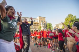 8.25.16-- Move In Day 2016 on the South 40 of the Danforth Campus of WUSTL. Dr. Lori White and Chancellor Mark Wrighton leads the WUSA's in cheers before the start of Move In Day. Photos by Joe Angeles/WUSTL Photos