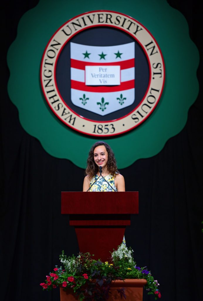 Student keynote speaker Yaala Muller addresses the crowd during Convocation on Thursday, Aug. 26, 2016. James Byard/WUSTL Photos