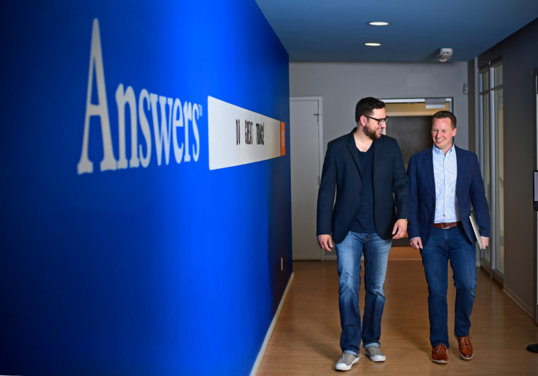 David Karandish (left), BSCS ’05, is CEO of Answers, and Chris Sims, BSCS ’05, is chief ­strategy officer. (James Byard/WUSTL Photos)