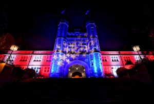 Brookings Hall in red, white and blue