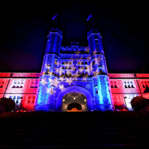 Brookings Hall in red, white and blue