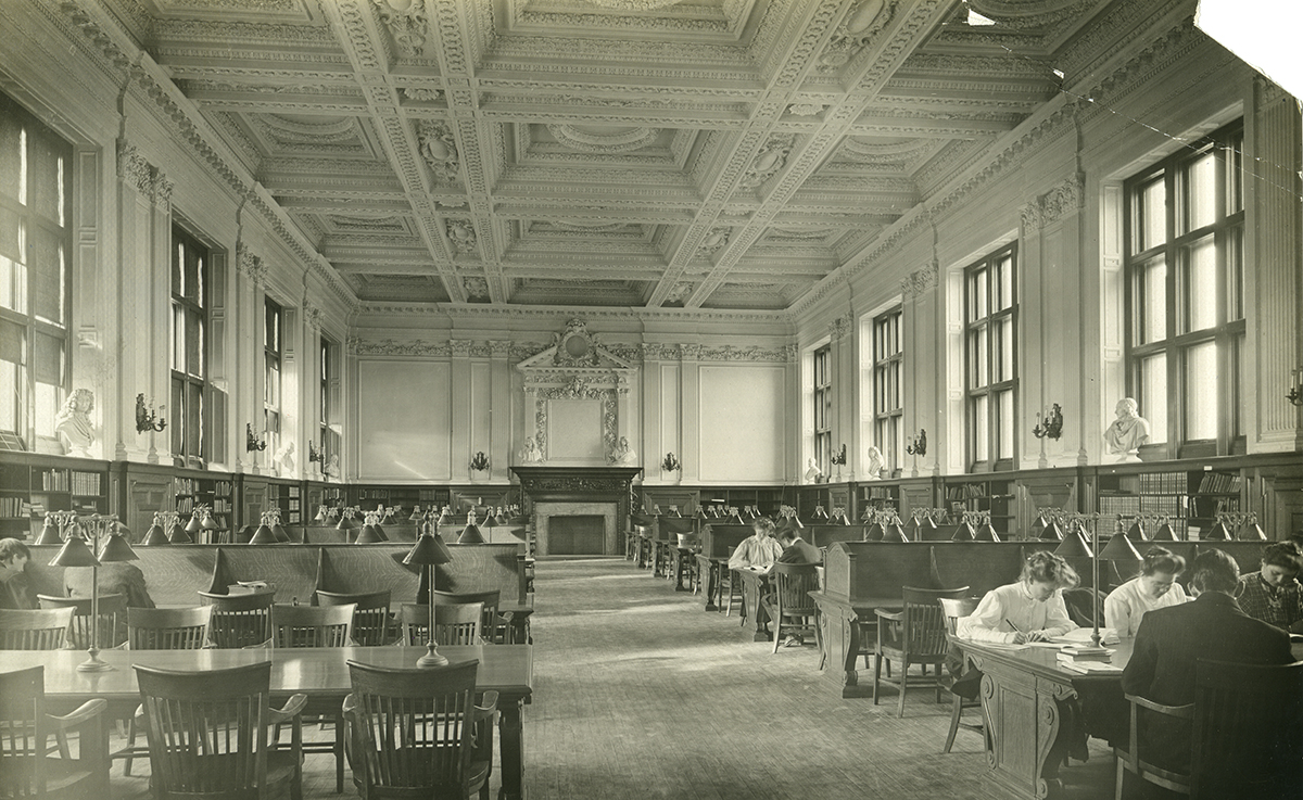 historic photo of students studying in Ridgley Hall