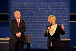 Democratic nominee Hillary Clinton and Republican nominee Donald Trump take questions in a town hall debate at Washington University Sunday, Oct. 9. (Joe Angeles/Washington University)