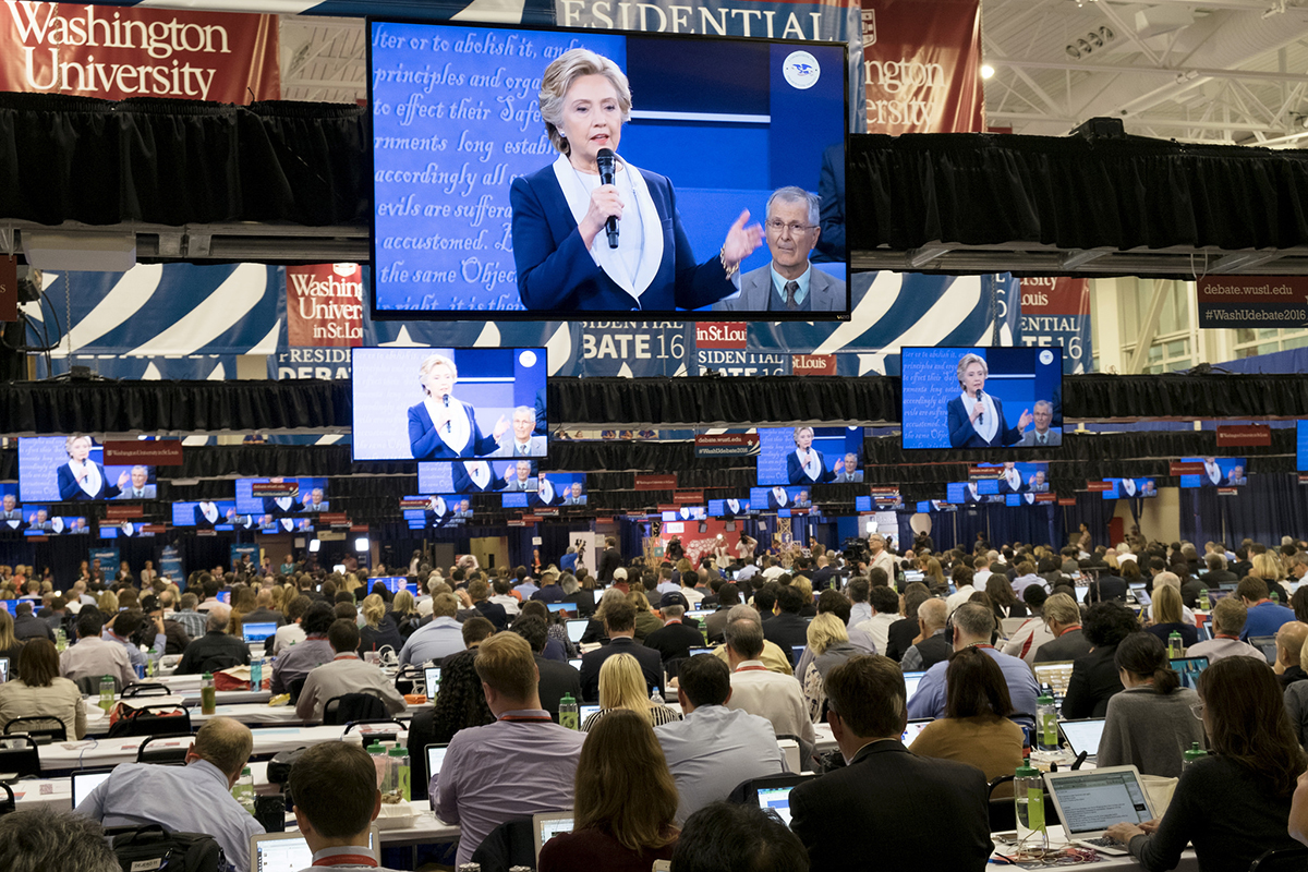 Journalists from around the world cover the debate from the Media Filing Center at Washington University in St. Louis Sunday, Oct. 9, 2016. (Photo: Sid Hastings/Washington University)