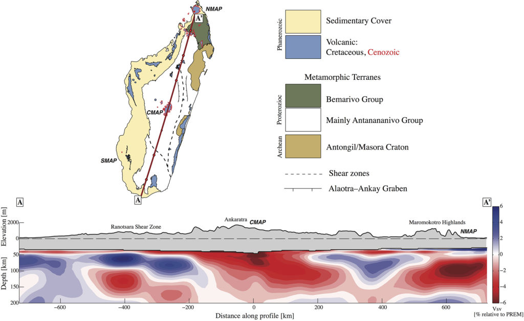 Seismic images show areas of hotter rock underlying areas of recent (Cenozoic) volcanism on the island. Image: Martin Pratt