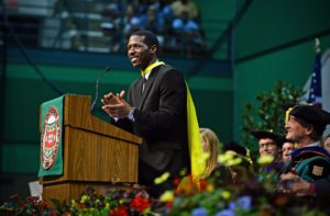 Damari Croswell speaks during Convocation on Thursday, Aug. 21, 2014. Photo by James Byard / WUSTL Photos