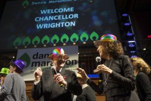 Students from Washington University in St. Louis were joined by faculty and administrators for the 2015 Dance Marathon, a fundraiser for the Children's Miracle Network Hospitals of St. Louis, at Tisch Commons in the Danforth University Center in St. Louis. As part of the event Chancellor Mark S. Wrighton and his wife Risa Zwerling instruct and lead students doing the Dancellor with faculty and staff. Photo by Sid Hastings / WUSTL Photos