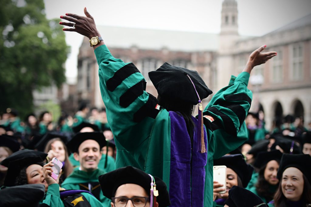 Doctoral candidates celebrate at Washington University's 155th Commencement Ceremony in the Brookings Quadrangle in St. Louis Friday, May 20, 2016. (Photo: James Byard/Washington University)