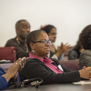 From left: Joyce Edwards, the inaugural director of the Chancellor’s Graduate Fellowship Program and former assistant dean of the Graduate School; Tiffany Player, a current Chancellor’s Graduate Fellow and doctoral student in history; and Aura Ferreiro, a current Chancellor’s Graduate Fellow and doctoral student in biomedical engineering, attend the panel discussion Friday, Oct. 14, 2016. (Photo: Joe Angeles)