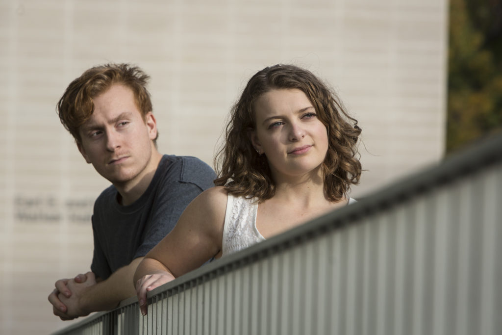 Carley Rosenbaum as Connie and and Zack Schultz Unlucky Nick in "Thinking It," a new drama by playwright-in-residence Carter Lewis. (Photo: Jerry Naunheim Jr./Washington University)