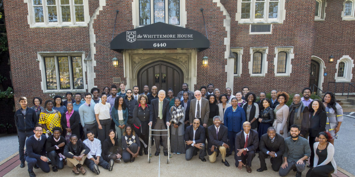 Current fellows and alumni of the Chancellor’s Graduate Fellowship Program gathered at Washington University, Oct. 13–15, 2016, for the program’s annual conference and a reunion to celebrate the program’s 25th anniversary. Chancellor Emeritus William H. Danforth is pictured in the center. (Joe Angeles/WUSTL Photos)