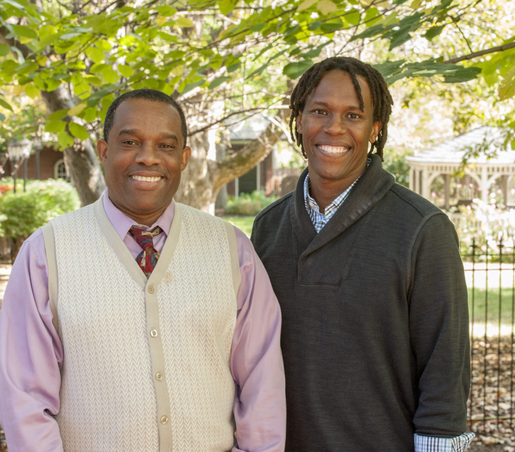 Chancellor’s Graduate Fellowship alumni Randy Glean (left), PhD ’97, associate professor of political science and director of international services at Midwestern State University in Wichita Falls, Texas, and Gerald (Gerry) Downes, PhD ’99, associate professor of biology at the University of Massachusetts–Amherst, returned to the university for the CGFP conference and 25th reunion celebration in October 2016. (Photo: Joe Angeles)