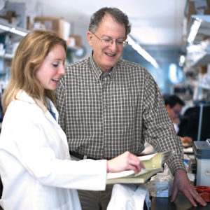 Assisted by many ­talented students and postdoctoral fellows, such as Jeanette Gehrig, ­pioneering researcher Jeffrey I. Gordon, MD, has been studying the ­microbial ­communities that colonize the human gut for more than two ­decades, and his work has ­revolutionized our understanding of human ­biology. (James Byard/Washington University)