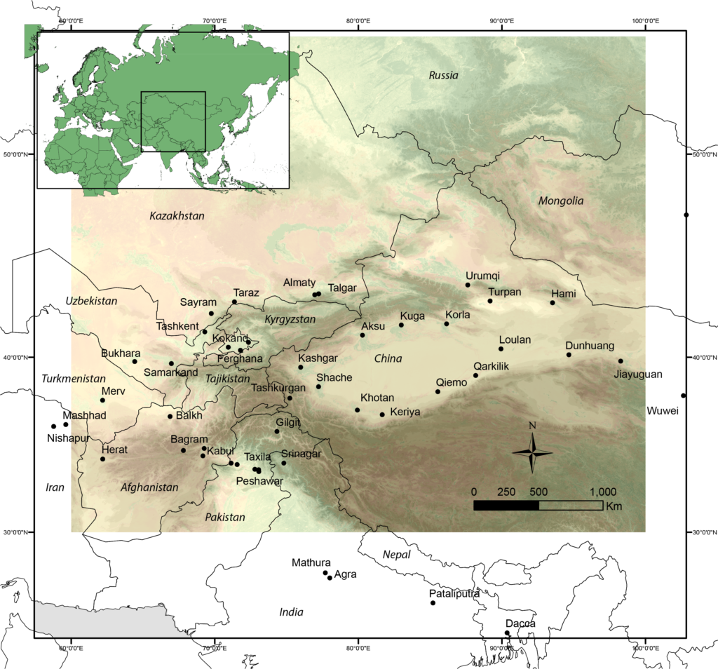 Geography of Inner Asian study zone (in color) and location of main Silk Road cities across Asia. Source: Michael Frachetti