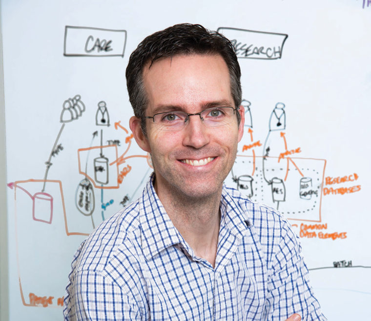 Mike Keymer in front of a white board.