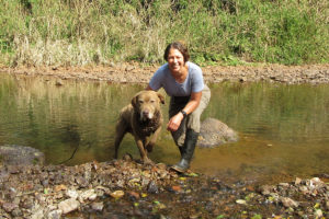 WashU researcher Karen DeMatteo with scat-sniffing research dog.