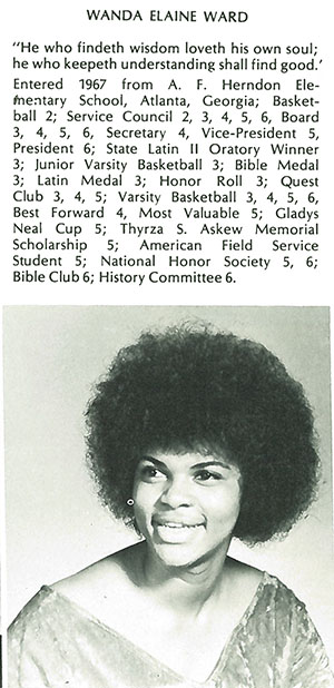 Wanda Ward, who entered Westminster Schools in 1967, became the first black female to graduate from the school in 1972. She attended Princeton University on a scholarship and completed a PhD in psychology at Stanford University before joining the National Science Foundation (NSF) in 1992. Her long career there included several top posts, including most recently as senior advisor to the NSF director. Image from Lynx Yearbook courtesy of Beck Archives-Westminster.