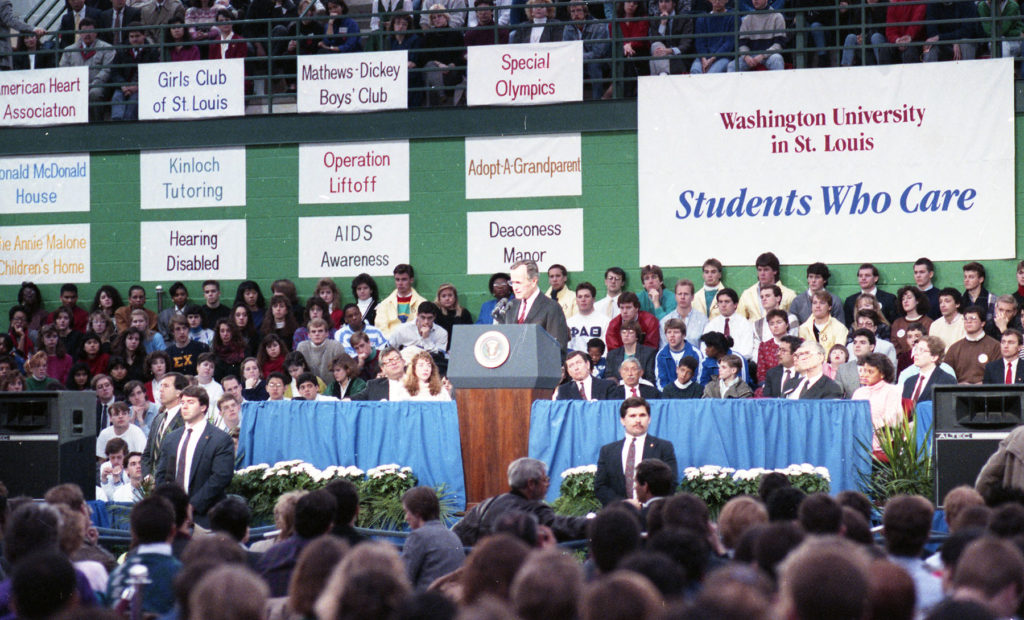 President George H.W. Bush visited the Washington University campus Feb. 17, 1989, to promote his "Thousand Points of Light" volunteerism campaign. 