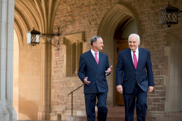 Chancellor Wrighton and Andrew C. Taylor near Brookings Hall.