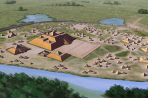 Artists conception of the Etowah site (9BR1), a Mississippian culture archaeological site located on the banks of the Etowah River in Bartow County, Georgia. Built and occupied in three phases, from 1000–1550 CE. All rights held by the artist, Herb Roe © 2016. Source: Wikipedia Commons.