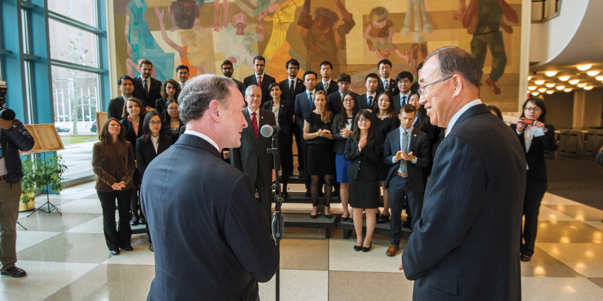 Mark Wrighton introduces then–UN Secretary-General Ban Ki-moon to the students of the McDonnell International Scholars Academy during a 2016 trip to the United Nations in New York. Photo by Joe Angeles