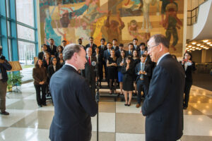 Mark Wrighton introduces then–UN Secretary-General Ban Ki-moon to the students of the McDonnell International Scholars Academy during a 2016 trip to the United Nations in New York. Photo by Joe Angeles