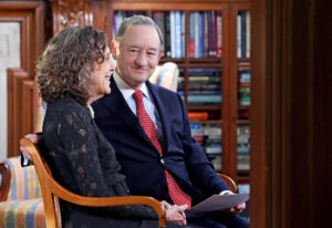 Mark Wrighton and Risa Zwerling Wrighton reminisce in Harbison House. Photos by Joe Angeles/WUSTL Photos