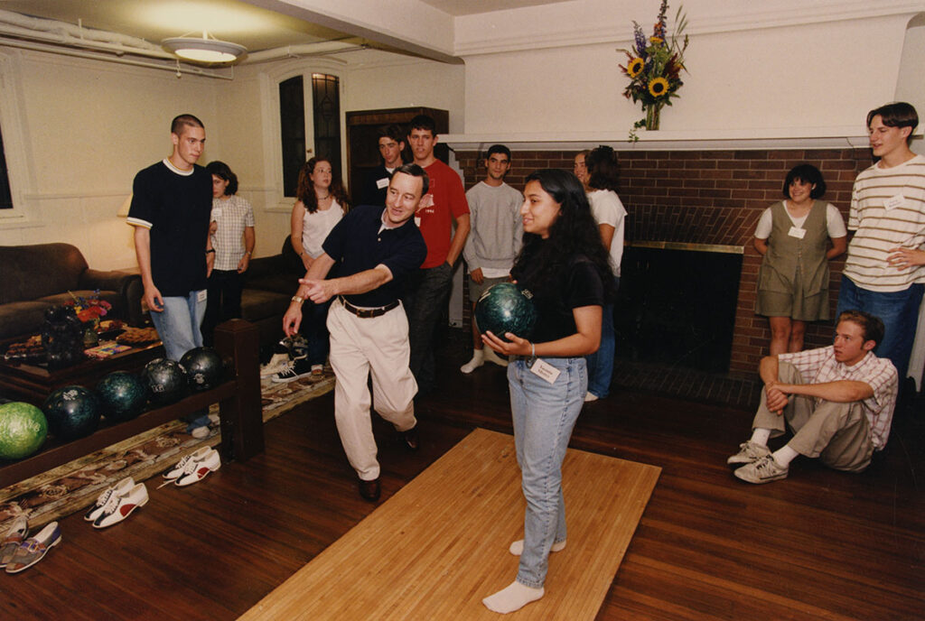 Chancellor Wrigton at the bowling alley in Harbison House