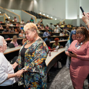 Jane Elliott talks to Simone Phillips after her talk.