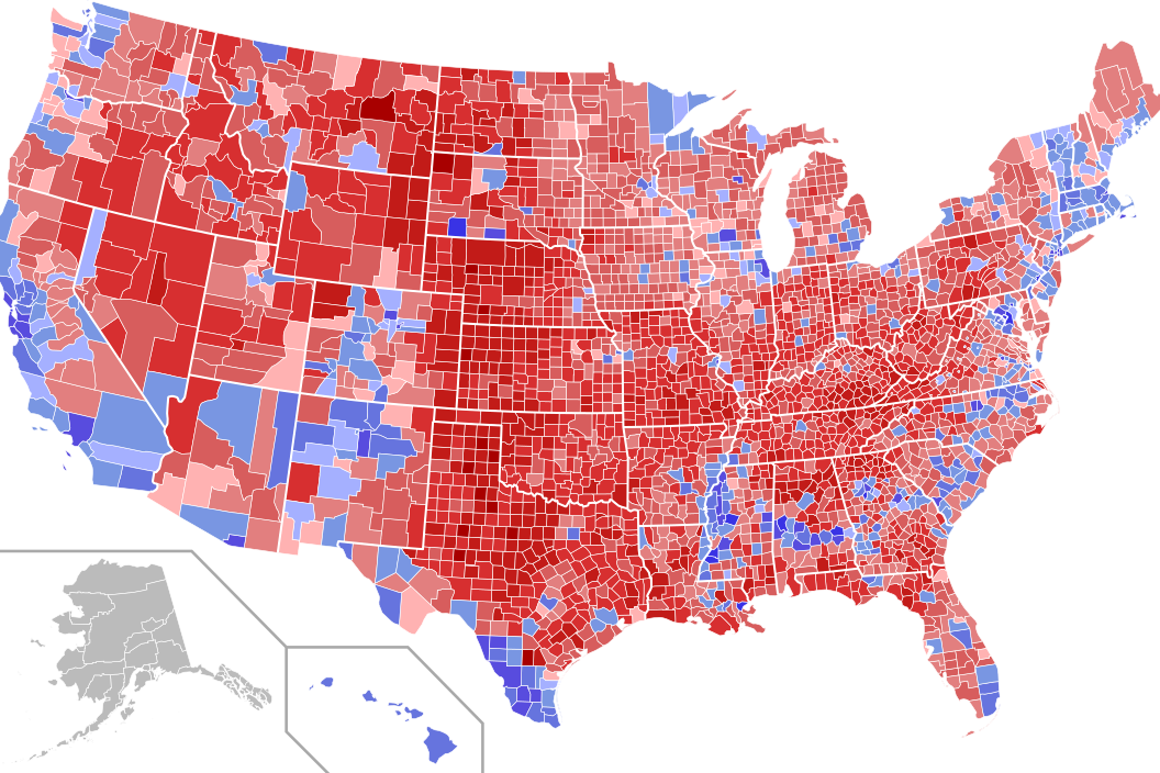The Divide Between Us Urban Rural Political Differences Rooted In 2016 Nationwide US Presidential County Map Shaded By Vote Share.svg