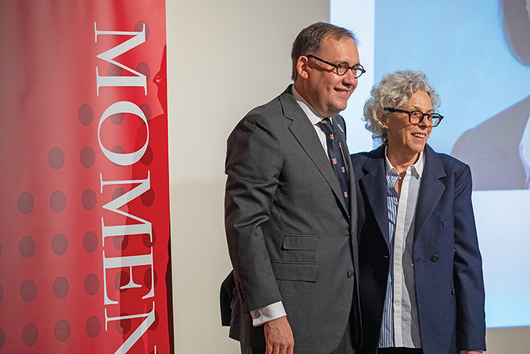 Lee Epstein, the Ethan A.H. Shepley Distinguished University Professor, served as emcee of the inauguration symposium, including introducing Chancellor Andrew D. Martin to attendees. 