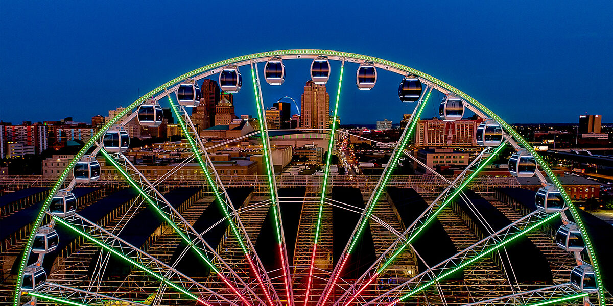 The St. Louis Wheel includes 1,600 LED lights, and Union Station turned the wheel green and red for Christmas. (Courtesy of St. Louis Union Station)